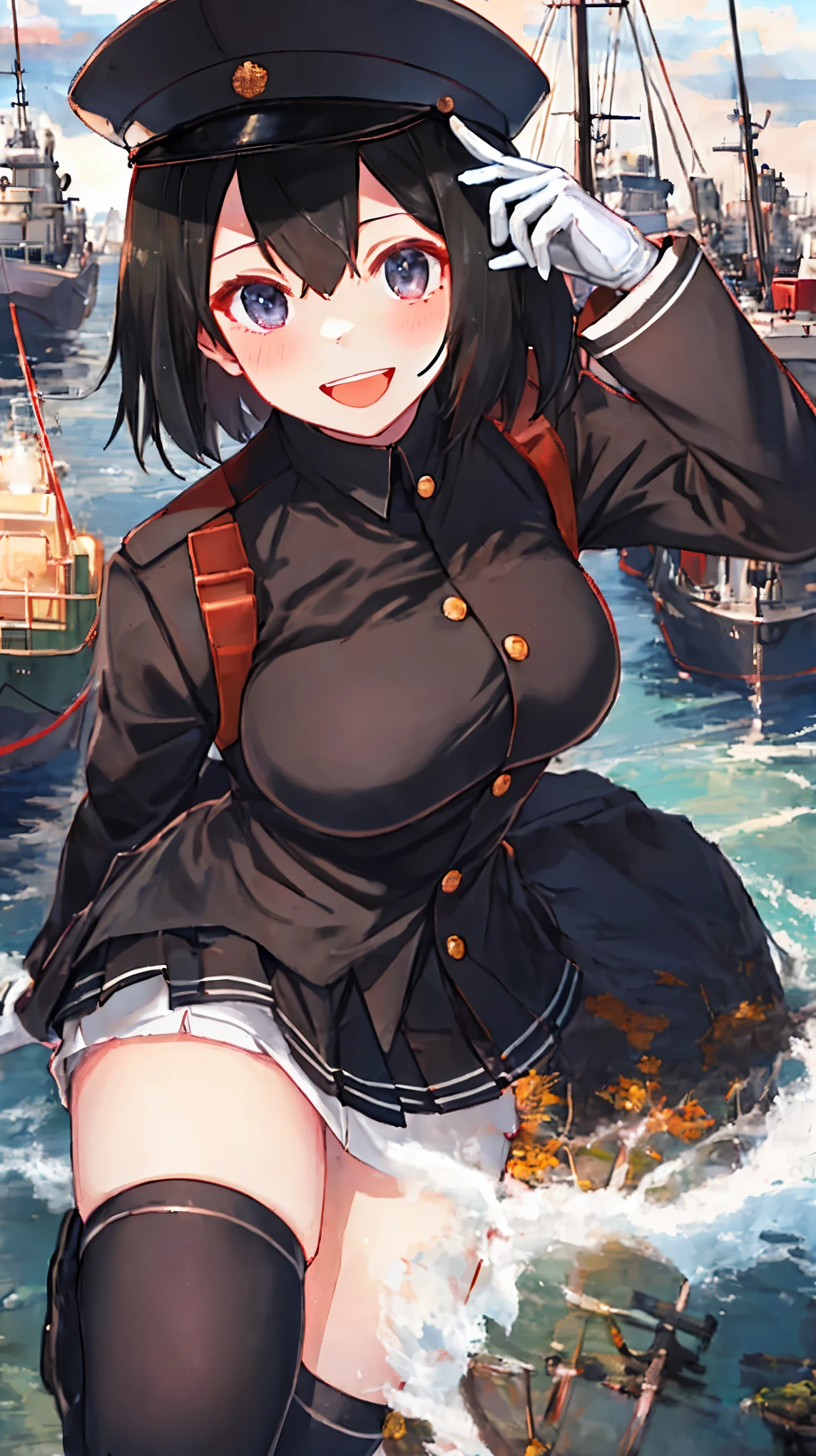 best quality, masterpiece, solo, {akitsu_maru_kantaicollection:1.15}, black_hair, short_hair, hat, peaked_cap, black_eyes, military, big_breasts, 1girl, black_headwear, looking_at_viewer,black_ military_uniform, uniform, military_hat, in_front_harbor_town_landscape_background, smile,(plump:0.7),,black_thigh-highs,joylight_open_mouth,white_skin