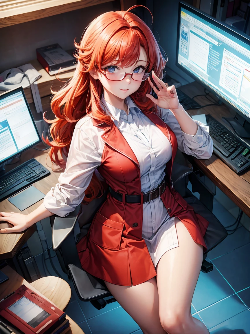 (high resolution) , (best qualityer),(4 k image),(detailedeyes),. 1 girl, big red hair,smallbreast, dressed as a scientist with scientist clothes on everything scientistsbrs with and scientists glasses and scientists shoes.