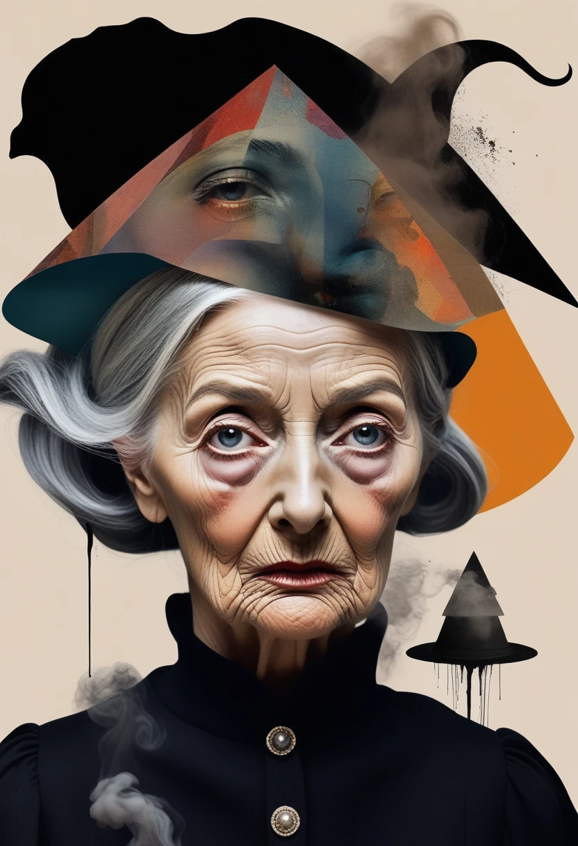 Wrinkly witch themed, Surreal and strange dislocation art：Collage, There are many different things on the faces, scary dark colors, Geometric Dislocation, Hollow, Artistic sense, Painting, paint, Simple, smoke effect, Collage, Conceptual art, Dadaism
