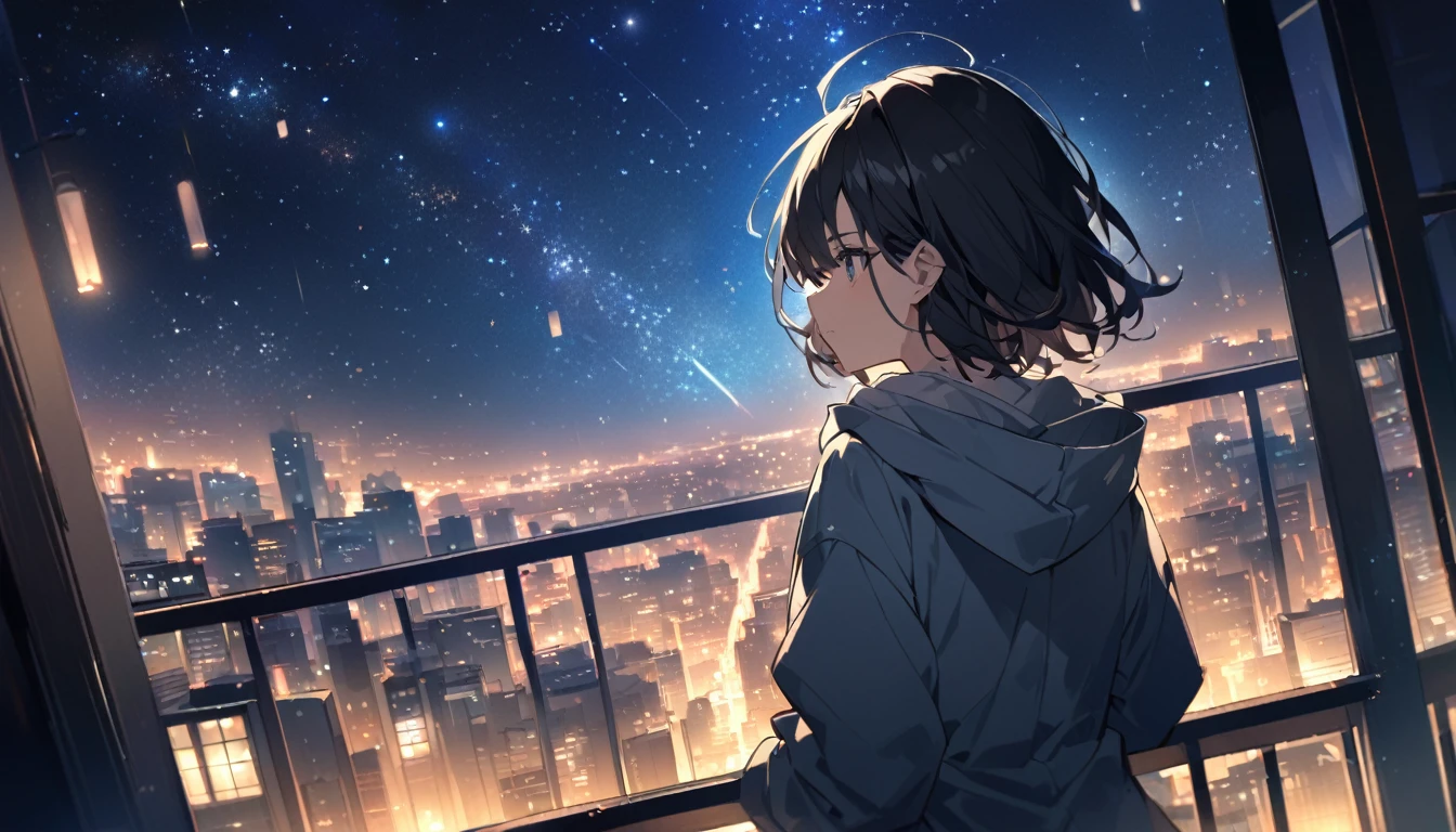 Starry Sky、Night view、City、A woman at the center、Black Hair、Short Hair、Hair blowing in the wind、Wearing a hoodie、Back view、Full body portrait、Overlooking the city from the balcony、Angle viewed from below