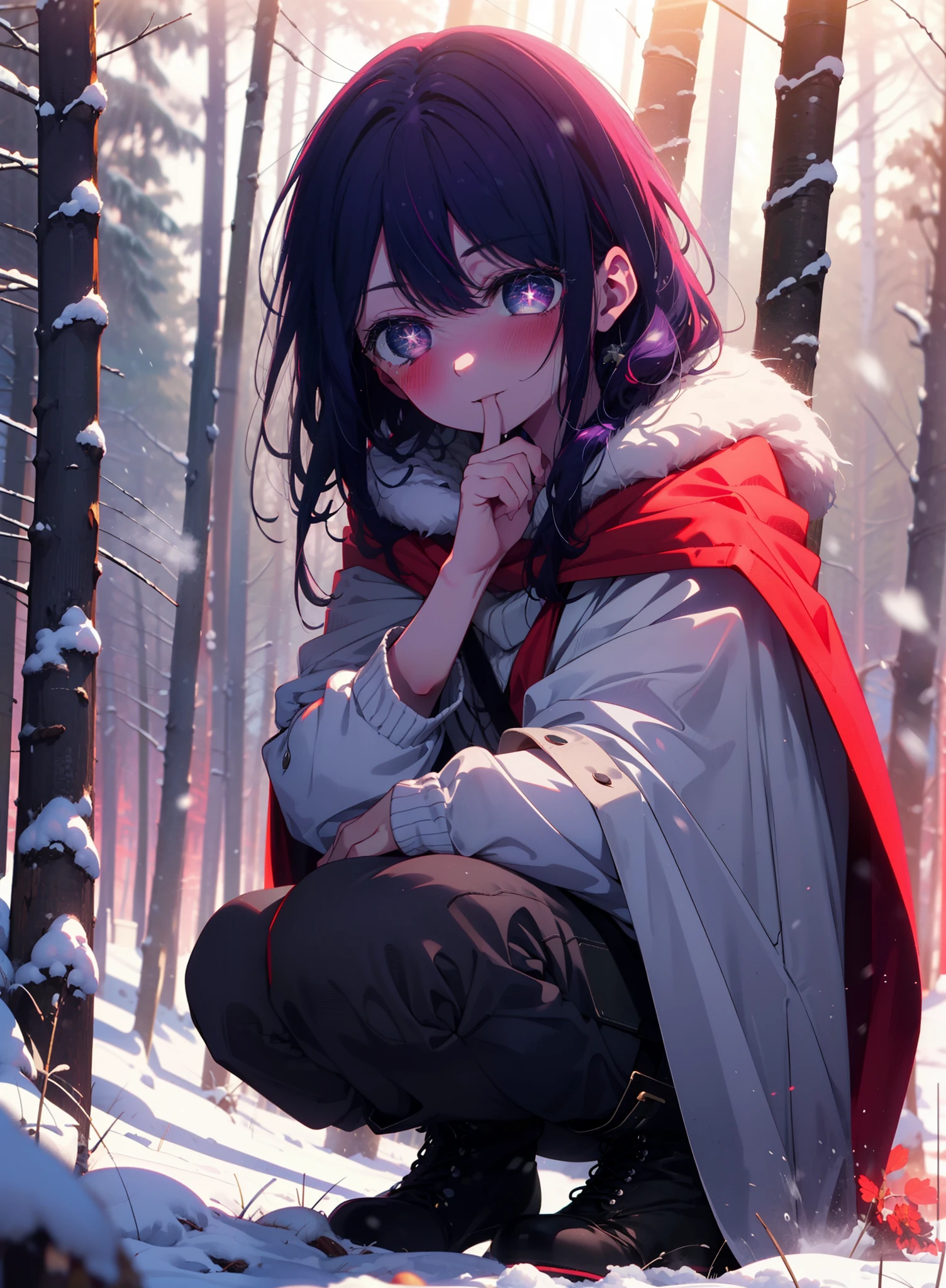 aihoshino, Ai Hoshino, Long Hair, bangs, (Purple eyes:1.1), Purple Hair, (Symbol-shaped pupil:1.5), smile,,smile,blush,white breath,
Open your mouth,snow,Ground bonfire, Outdoor, boots, snowing, From the side, wood, suitcase, Cape, Blurred, , forest, White handbag, nature,  Squat, Mouth closed, Cape, winter, Written boundary depth, Black shoes, red Cape break looking at viewer, Upper Body, whole body, break Outdoor, forest, nature, break (masterpiece:1.2), Highest quality, High resolution, unity 8k wallpaper, (shape:0.8), (Beautiful and beautiful eyes:1.6), Highly detailed face, Perfect lighting, Extremely detailed CG, (Perfect hands, Perfect Anatomy),
