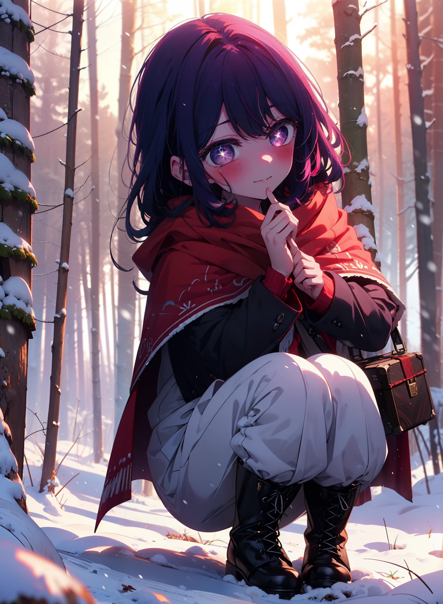 aihoshino, Ai Hoshino, Long Hair, bangs, (Purple eyes:1.1), Purple Hair, (Symbol-shaped pupil:1.5), smile,,smile,blush,white breath,
Open your mouth,snow,Ground bonfire, Outdoor, boots, snowing, From the side, wood, suitcase, Cape, Blurred, , forest, White handbag, nature, Squat, Mouth closed, Cape, winter, Written boundary depth, Black shoes, red Cape break looking at viewer, Upper Body, whole body, break Outdoor, forest, nature, break (masterpiece:1.2), Highest quality, High resolution, unity 8k wallpaper, (shape:0.8), (Beautiful and beautiful eyes:1.6), Highly detailed face, Perfect lighting, Extremely detailed CG, (Perfect hands, Perfect Anatomy),