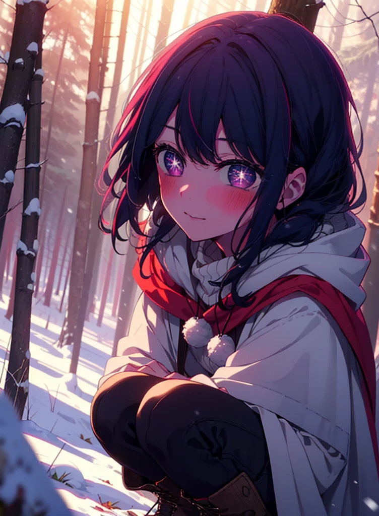 aihoshino, Ai Hoshino, Long Hair, bangs, (Purple eyes:1.1), Purple Hair, (Symbol-shaped pupil:1.5), smile,,smile,blush,white breath,
Open your mouth,snow,Ground bonfire, Outdoor, boots, snowing, From the side, wood, suitcase, Cape, Blurred, , forest, White handbag, nature,  Squat, Mouth closed, Cape, winter, Written boundary depth, Black shoes, red Cape break looking at viewer, Upper Body, whole body, break Outdoor, forest, nature, break (masterpiece:1.2), Highest quality, High resolution, unity 8k wallpaper, (shape:0.8), (Beautiful and beautiful eyes:1.6), Highly detailed face, Perfect lighting, Extremely detailed CG, (Perfect hands, Perfect Anatomy),