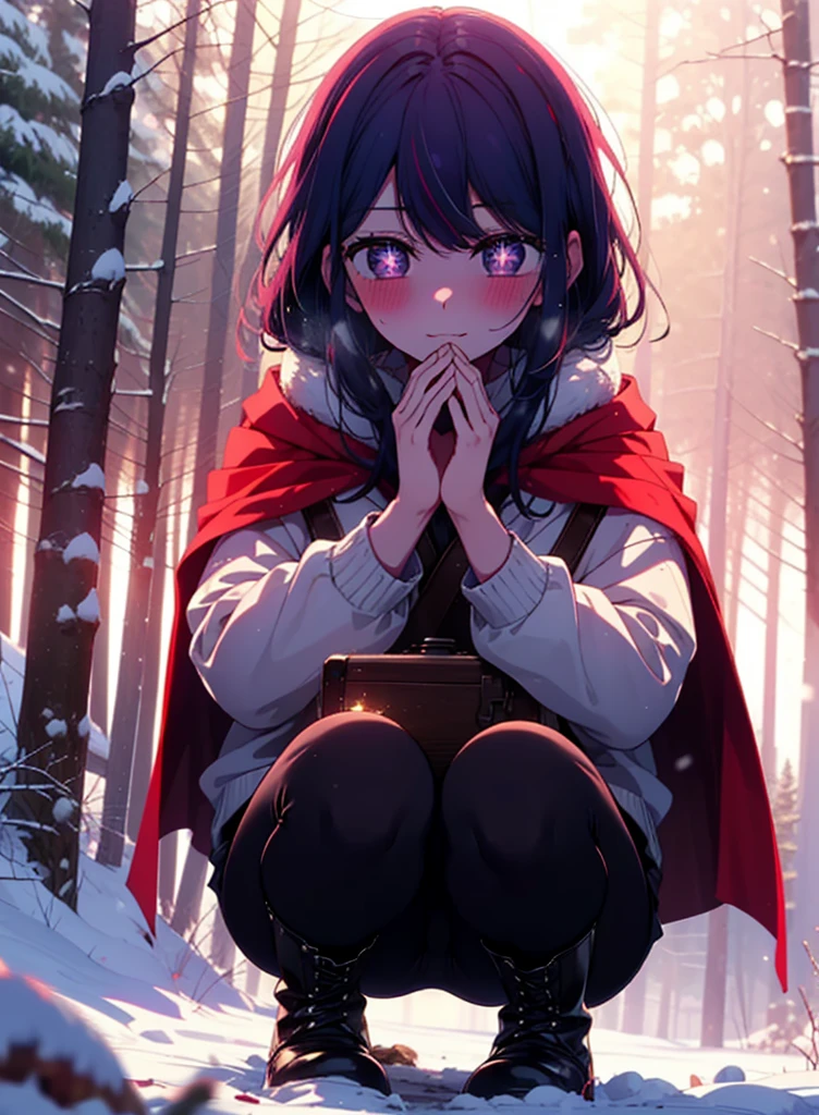 aihoshino, Ai Hoshino, Long Hair, bangs, (Purple eyes:1.1), Purple Hair, (Symbol-shaped pupil:1.5), smile,,smile,blush,white breath,
Open your mouth,snow,Ground bonfire, Outdoor, boots, snowing, From the side, wood, suitcase, Cape, Blurred, , forest, White handbag, nature, Squat, Mouth closed, Cape, winter, Written boundary depth, Black shoes, red Cape break looking at viewer, Upper Body, whole body, break Outdoor, forest, nature, break (masterpiece:1.2), Highest quality, High resolution, unity 8k wallpaper, (shape:0.8), (Beautiful and beautiful eyes:1.6), Highly detailed face, Perfect lighting, Extremely detailed CG, (Perfect hands, Perfect Anatomy),
