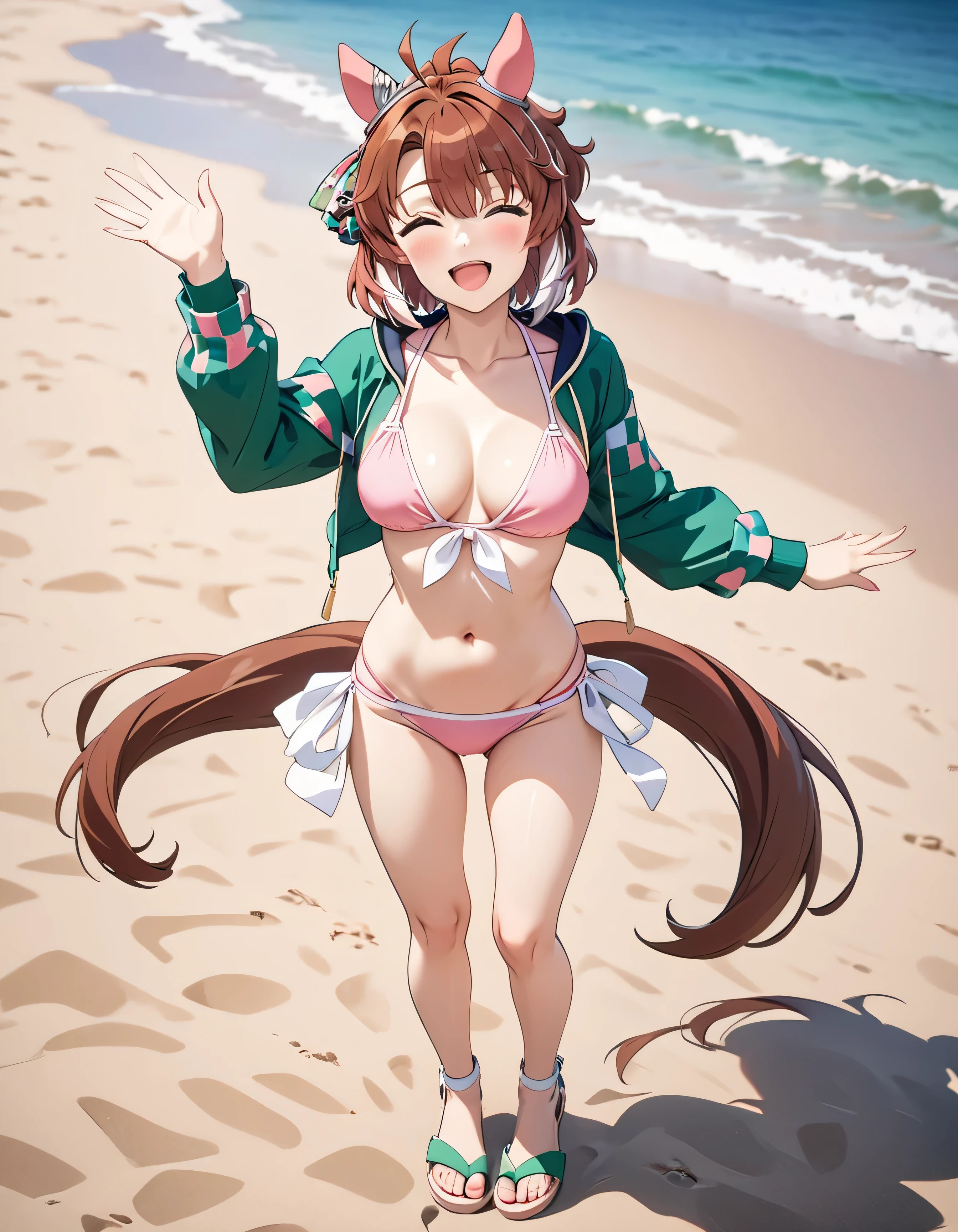 1girl,dantsu_flame\(umamusume\),horse tail,horse ears, daiwa scarlet (trifle vacation) (umamusume)(cosplay),low twintails,(((pink bikini))),green sandals, horse tail,standing,full body,looking at viewer,waving,smile,closed eyes,open mouth,beach,sea,ai-generated,,beautiful eyes,masterpiece,best quality,highres,4k,8k,Sincos,Cute,Anime,Artist,