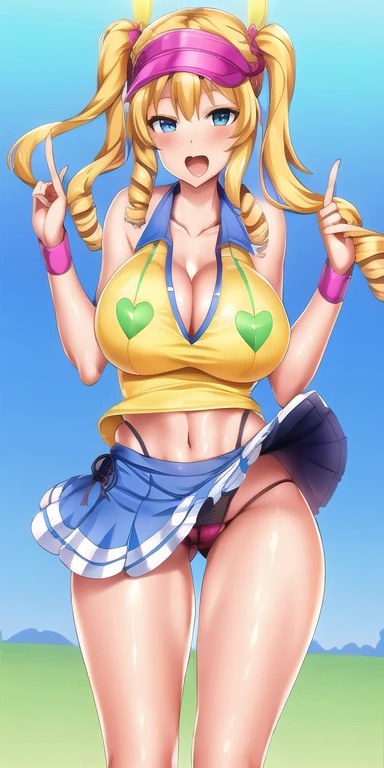 1girl, mature female, shiny skin, (masterpeice), (wallpaper), (high quality), (absurdres), emma, bangs, bare shoulders, blonde hair, blue eyes, blush, breasts, cleavage, clothes lift, collarbone, curly hair, day, drill hair, highleg, holding, large breasts, long hair, looking at viewer, navel, open mouth, outdoors, panties, racket, ringlets, shirt, side-tie panties, skirt, skirt lift, sleeveless, sleeveless shirt, smile, solo, sportswear, tennis ball, tennis racket, tennis uniform, twin drills, underwear, visor cap, wristband,cowboy shot, tennis court,