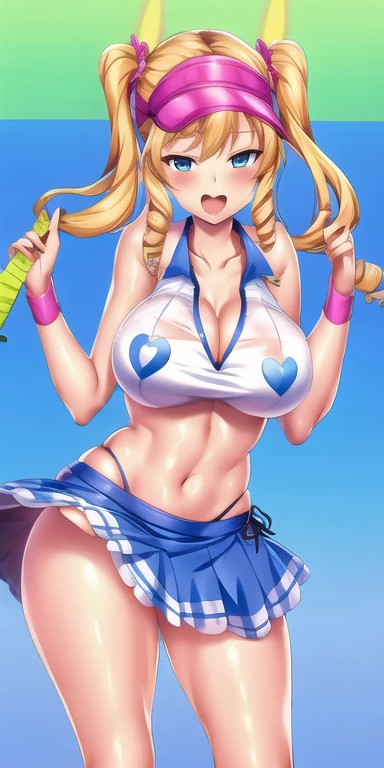 1girl, mature female, shiny skin, (masterpeice), (wallpaper), (high quality), (absurdres), emma, bangs, bare shoulders, blonde hair, blue eyes, blush, breasts, cleavage, clothes lift, collarbone, curly hair, day, drill hair, highleg, holding, large breasts, long hair, looking at viewer, navel, open mouth, outdoors, panties, racket, ringlets, shirt, side-tie panties, skirt, skirt lift, sleeveless, sleeveless shirt, smile, solo, sportswear, tennis ball, tennis racket, tennis uniform, twin drills, underwear, visor cap, wristband,cowboy shot, tennis court,