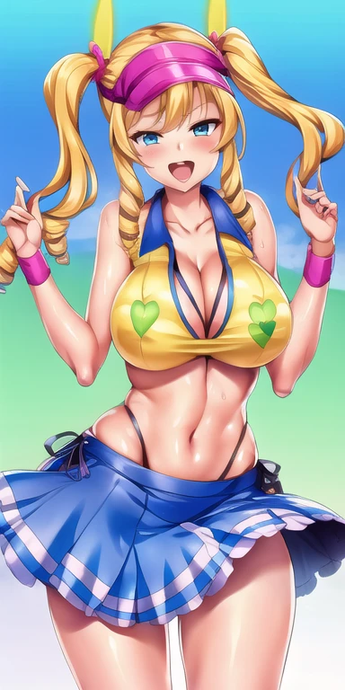 1girl, mature female, shiny skin, (masterpeice), (wallpaper), (high quality), (absurdres), emma, bangs, bare shoulders, blonde hair, blue eyes, blush, breasts, cleavage, clothes lift, collarbone, curly hair, day, drill hair, highleg, holding, large breasts, long hair, looking at viewer, navel, open mouth, outdoors, panties, racket, ringlets, shirt, side-tie panties, skirt, skirt lift, sleeveless, sleeveless shirt, smile, solo, sportswear, tennis ball, tennis racket, tennis uniform, twin drills, underwear, visor cap, wristband,cowboy shot, tennis court,