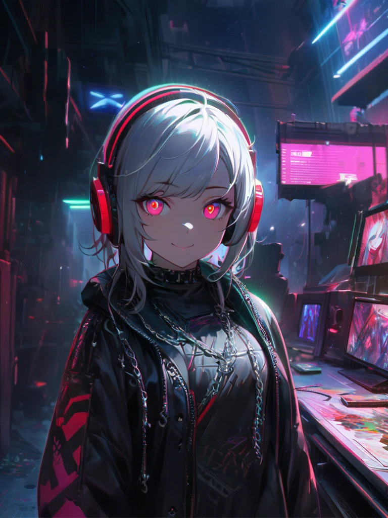 1 girl, chromatic aberration, Written boundary depth, Soft Light, masterpiece, Highest quality, complicated, Tone Mapping, Very detailed, Art Station, Concept Art, Smooth, Clear focus, Dramatic lighting, Very detailed artwork, movie, super practical painting, Art Station's trending, 8k, Incredible Shadows, practical, (Very detailed background:1.0), whole body, View, Viewers, Very detailed portrait of one girl 1, standing on street corner, Heavy rain and lightning、Dark Sky, neon and cyber punk background, she is dressed in punk clothing with silver chains and silver spikes, Her hair was dyed a bright black color.，The middle part is black, She wears headphones, Detailed red eyes with clear pupils, Ominous aura of light, smile, punk, ciber punk, Backlight.Her hair is neatly tied up.、Announcer talking about horses&#39;tail、smileが素敵