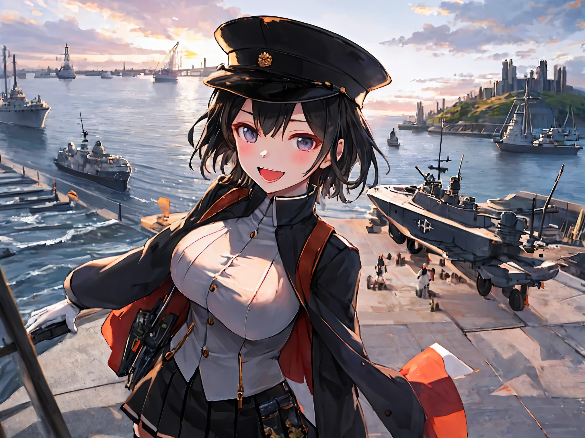best quality, masterpiece, solo, {akitsu_maru_kantaicollection:1.15}, black_hair, short_hair, hat, peaked_cap, black_eyes, military, big_breasts, 1girl, black_headwear, looking_at_viewer,black_ military_uniform, uniform, military_hat, in_front_harbor_town_landscape_background, smile,(plump:0.7),,black_thigh-highs,joylight_open_mouth,white_skin