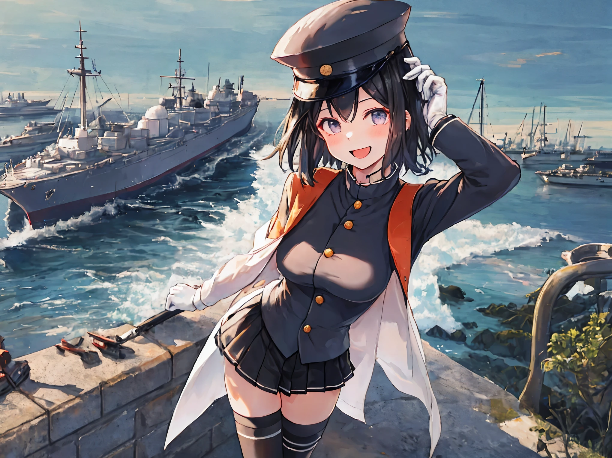 best quality, masterpiece, solo, {akitsu_maru_kantaicollection:1.15}, black_hair, short_hair, hat, peaked_cap, black_eyes, military, big_breasts, 1girl, black_headwear, looking_at_viewer,black_ military_uniform, uniform, military_hat, in_front_harbor_town_landscape_background, smile,(plump:0.7),,black_thigh-highs,joylight_open_mouth,white_skin