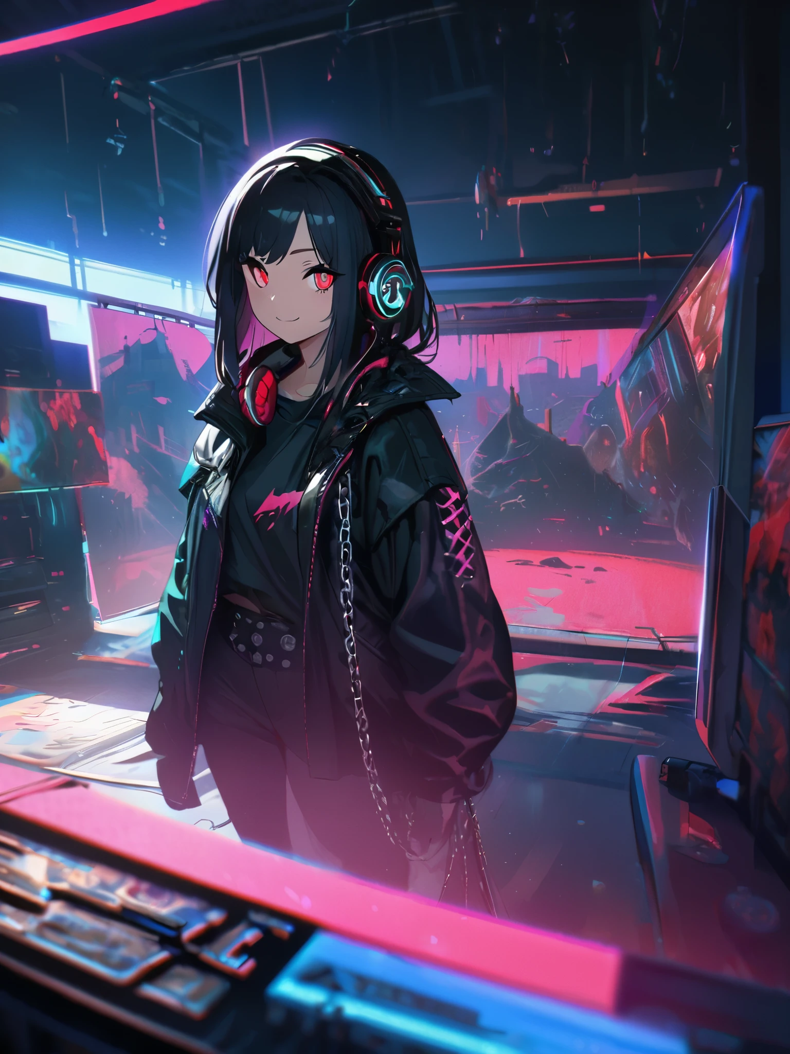 1 girl, chromatic aberration, Written boundary depth, Soft Light, masterpiece, Highest quality, complicated, Tone Mapping, Very detailed, Art Station, Concept Art, Smooth, Clear focus, Dramatic lighting, Very detailed artwork, movie, super practical painting, Art Station's trending, 8k, Incredible Shadows, practical, (Very detailed background:1.0), whole body, View, Viewers, Very detailed portrait of one girl 1, standing on street corner, Heavy rain and lightning、Dark Sky, neon and cyber punk background, she is dressed in punk clothing with silver chains and silver spikes, Her hair was dyed a bright black color.,The middle part is black, She wears headphones, Detailed red eyes with clear pupils, Ominous aura of light, smile, punk, ciber punk, Backlight.No knowledge of horses'tail、running、running