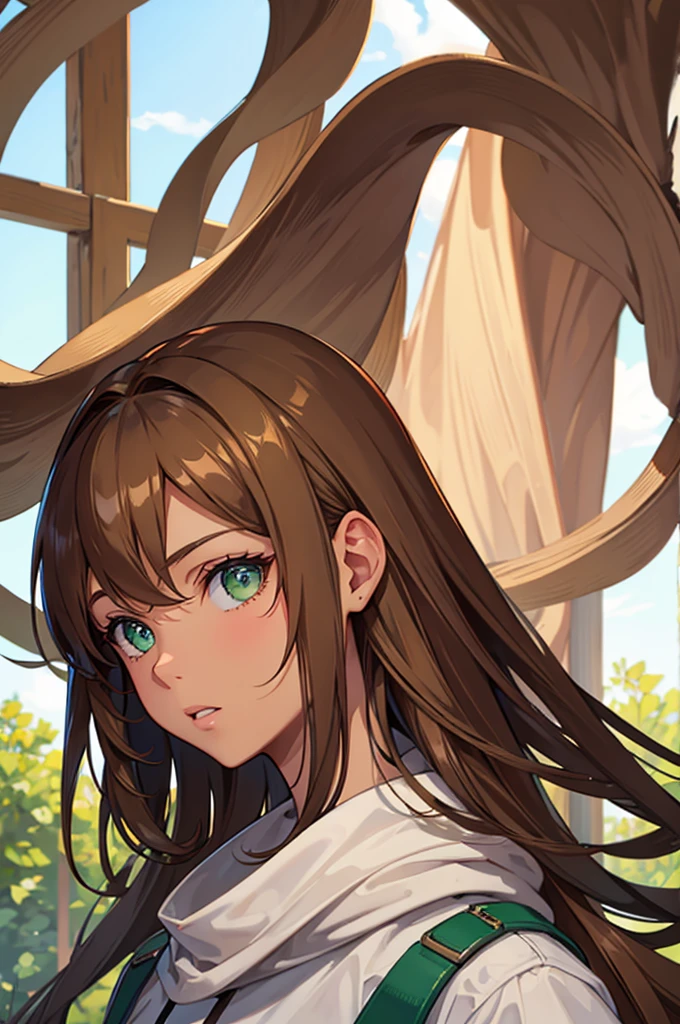 Brown hair at the roots with blonde everywhere else, green eyes and brown skin