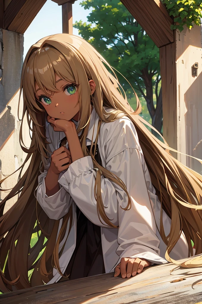Brown hair at the roots with blonde everywhere else, green eyes and brown skin