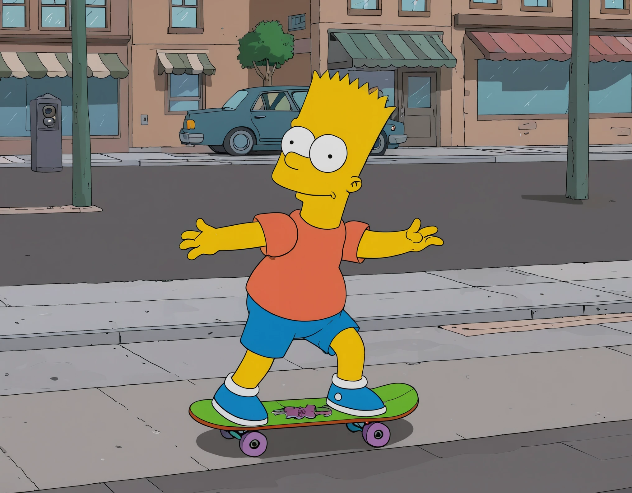 1boy,solo,bart simpson,
skateboarding,from side,outstretched arms,squatting,smile,(looking to the side:1.2),
t-shirt,shorts,shoes,
detailed background,city street,
