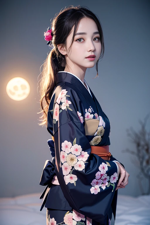 A beautiful woman, kimono that does not expose much of her skin.,(((In the moonlight of a blizzard, a woman looking good in a kimono with Japanese pattern,Floral scrunchie.))),Full-body photography from the ceiling,best image quality,professional angle of view,Exceptional detail,Super high resolution,realistic:1.4),high detail,focus on details,1girl concentrated in high concentration,long hair,delicate and beautiful face,The best smile with raised eyebrows and corners of the mouth,((glowing glass eyes)),
