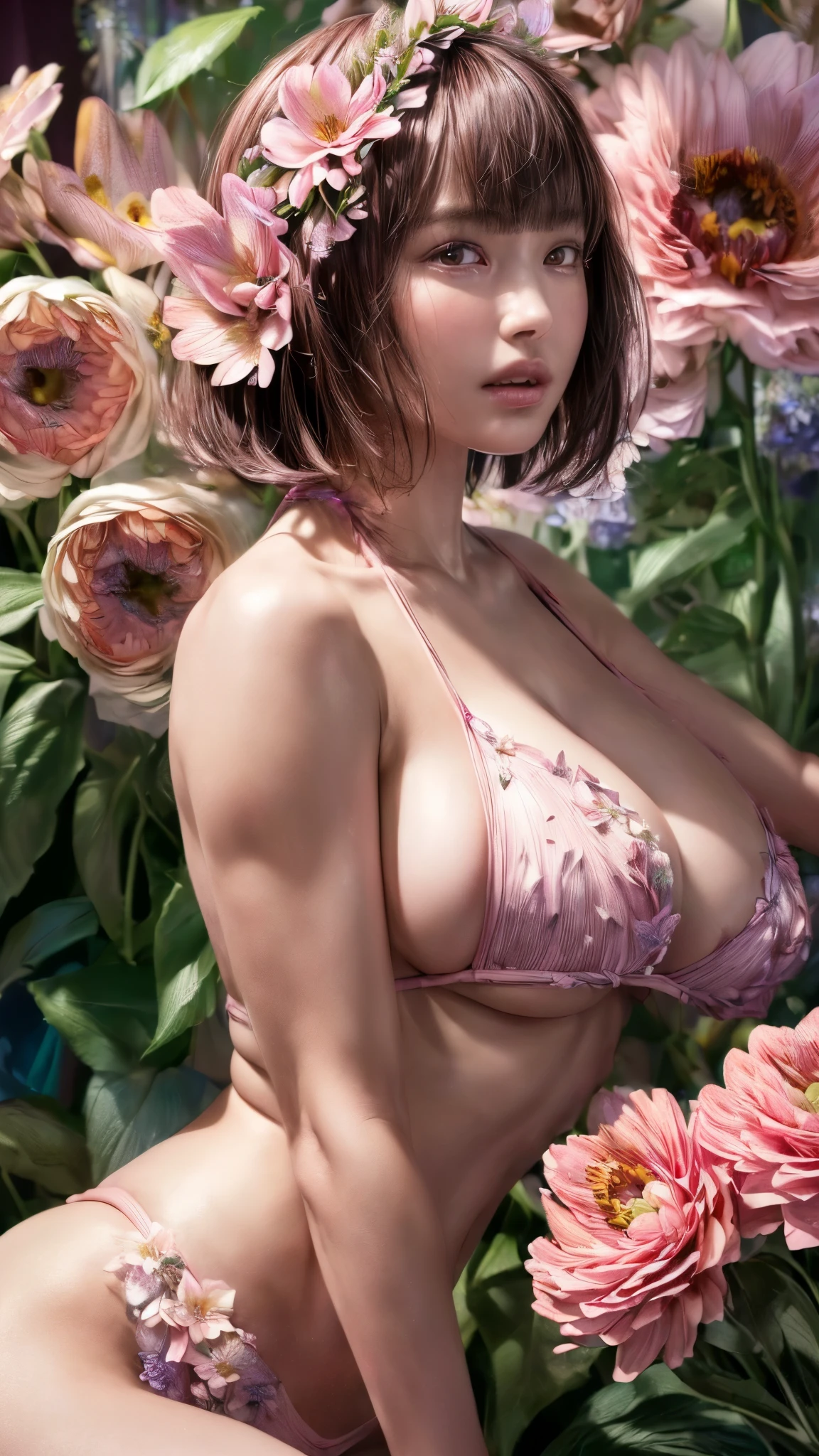 Side view、Bite、(((Big Breasts)))、((Dark Pink Micro Bikini))、(((masterpiece, Highest quality)), 1 girl, (Realistic: 1.4), alone, Dark pink background, Pink-brown hair, ((blunt bangs))、hime_cut、Short Hair,smile、 ((whole body)),  Very beautiful woman、Slender women、(Detailed face)、Realistic Skin、((Delicate photo))，(Girl Masterpiece RAW Photo Details:1.25), (Highest quality:1.6), (Ultra-high resolution:1.5), (Realistic:1.75),8k resolution, ,50mm,Absurd, Ultra-detailed,Cinema Lighting、((((Lots of flowers))))、(((Lots of flower art)))、Artwork、art、
