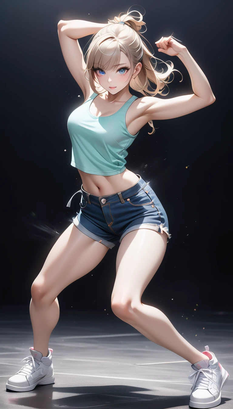 (Generated in SFW:2.0), masterpiece, Highest quality, Realistic photos, RAW Photos, dynamic dancing woman, alone, Beautiful Face, Bangs that fall on the forehead, Casual clothing, (Tight tank top:1.2), (Denim shorts:1.2), Sleeveless, Seductive body lines, alluring looks, break, Cool dance, break, Hip Hop Dance, (Black background color:1.5), (A dark background to make your subject stand out:1.1), (Focus on the eyes), (Full Body Shot:1.2), break, Street dance, Hip Hop Dance, Club dance, dynamic pose, dynamic, Moments that captivate you, Concentrated face, View your audience, bend, Spread your legs, Cool pose, 