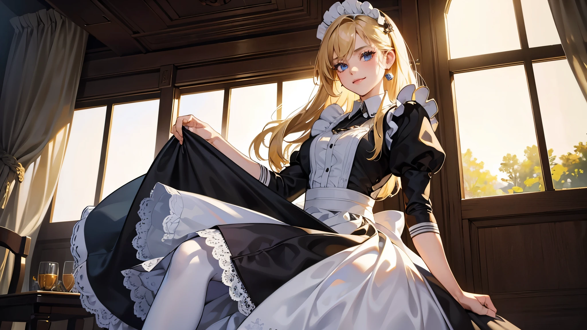 (tmasterpiece, high resolution,ultra - detailed:1.0),1 girl,Young and beautiful women,eye looking to camera,Perfect female body, , Extremely detailed CG,Unity 8k wallpaper，Complicated details, solo person, (skimpy Maid clothes), French Maid Open Uniform, short skimpy Maid dress, lace stockings, color difference, Depth of field,dramatic shadow, Ray tracing, Best quality, Cinematic lighting, Beautiful young maid, manipulative cunning, sly dominant maid, cruel, deceitful, fake smiles, secretly despite you, blonde