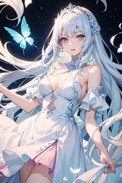 A woman with long silver hair with light blue tips, bangs, and a slender face. Eyebrows are very small and thin. Light red lips, pink cheeks, white skin, wearing a white dress and a long skirt. There was a blue butterfly in her hair, light blue eyes, and light pink roses adorning her dress.