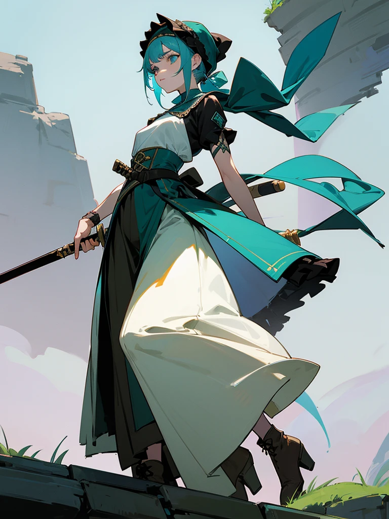 22 years old female, 5'6 tall with pale white skin. dark green irises and aqua blue pupil. black cpily hair and a colorful bandana wrapped around her head. she wears a silk white tunic with laces. wears a brown, green and red mixed ruffled long skirt with a slit to the side and some leather boots with heels. She is standing on a ruined stone platform holding a saber sword.