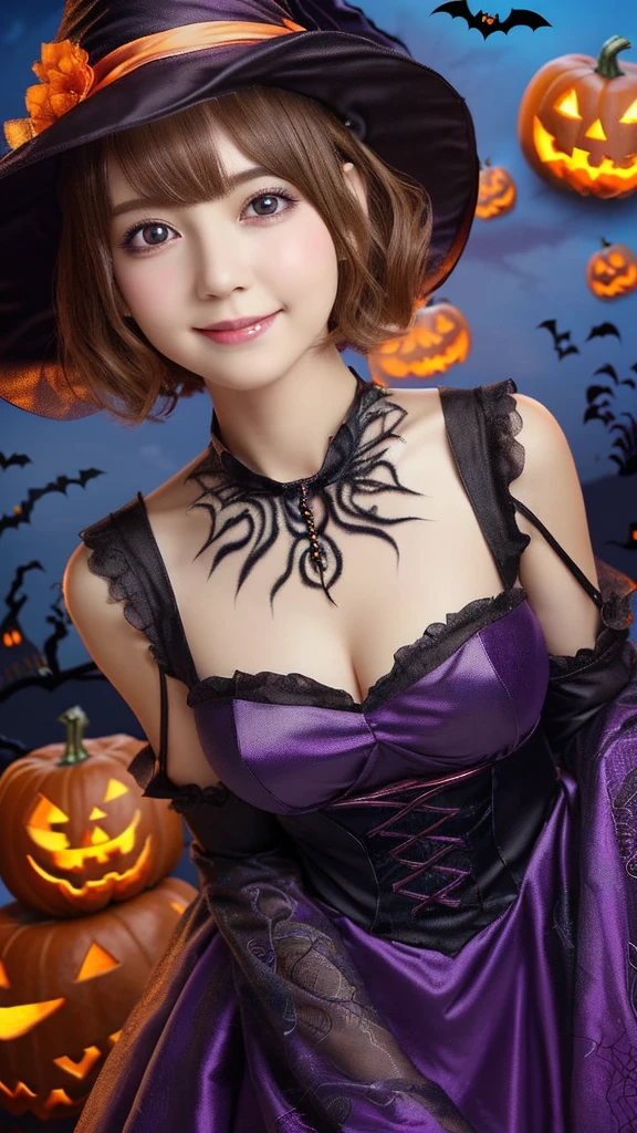 ((from below,upper body),a 25 years old girl, detailed cutie face, beautiful detailed eyes, detailed dropped eyes, beautiful charming smile, extremely detailed face,slender body,short hair,anime style, (halloween costume):2.0), Highres fix,colorful lights, pumpkin decorations, haunted house, best quality, 4k, highres, masterpiece, realistic, photorealistic, photo-realistic, vivid colors, intricate details, fantasy, soft lighting, magical