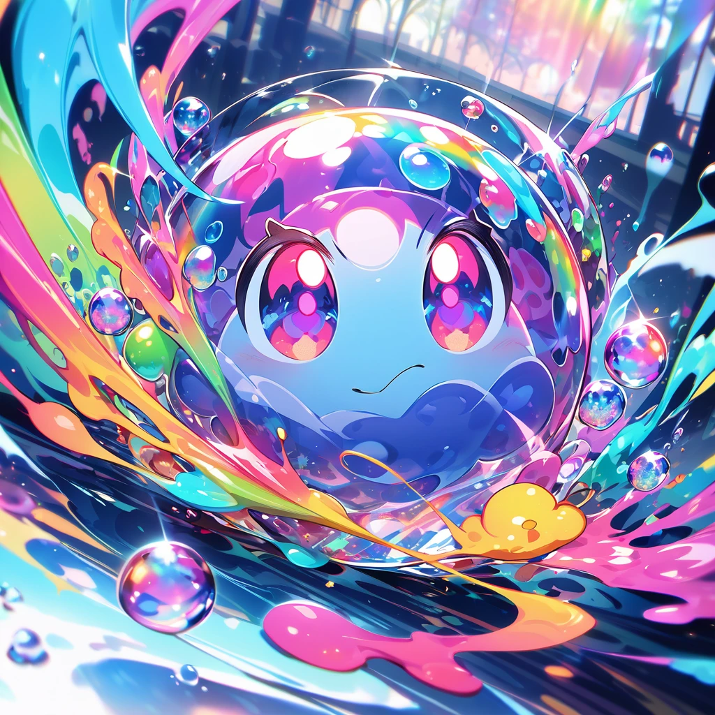 Slime, All in one, Tiny nuclei that shine in fantastical rainbow colors,and a completely melted jelly fusion, Very transparent material, High viscosity, Elasticity due to surface tension, Holographic sparkling reflections, Create an engaging impression on your audience