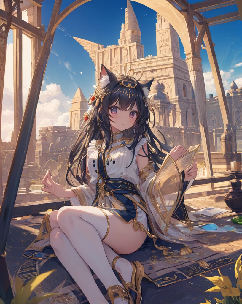 masterpiece, best quality, ultra detailed, HDR, 8k, Anime coloring book, on a desert oasis, a sphinx-inspired girl, black hair, neko ears, cat tail, neko tail, cat ears, purple reflexes, sits regally among ancient egypt construction. Hieroglyphs adorn incredible egypt construction as a warm breeze carries whispers of mystery through, blue sky, little white clouds, sun, horizon, landscape, desert skyline, fantastic light, beautiful light, mysterious, Beautiful, heaven, cliff, mirage, meteorite, moon. gold accesories, she is the Pharaoh. Nile River with green plantations, set in the era of the pharaohs, prosperity and wealth. scenery incredible egypt epoch