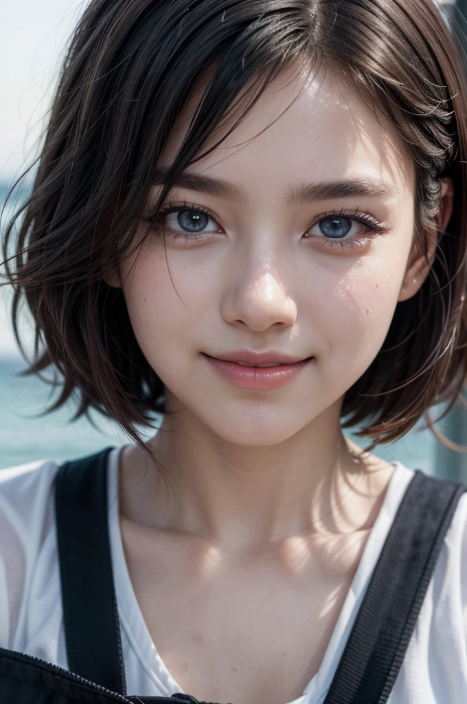 {{masterpiece, Best Quality, Extremely detailed CG, unity wallpaper 8k, cinematic lighting, }}, Sony α7, wide frame, South Pacific, during the war with the Asian powers, wind blowing on the Aegis ship, 1 girl, Whole body, smile, She is a sailor in the US Navy., Caucasian, 20 years, smile, by rubio, short bob, blue eyes , long eyelashes ,