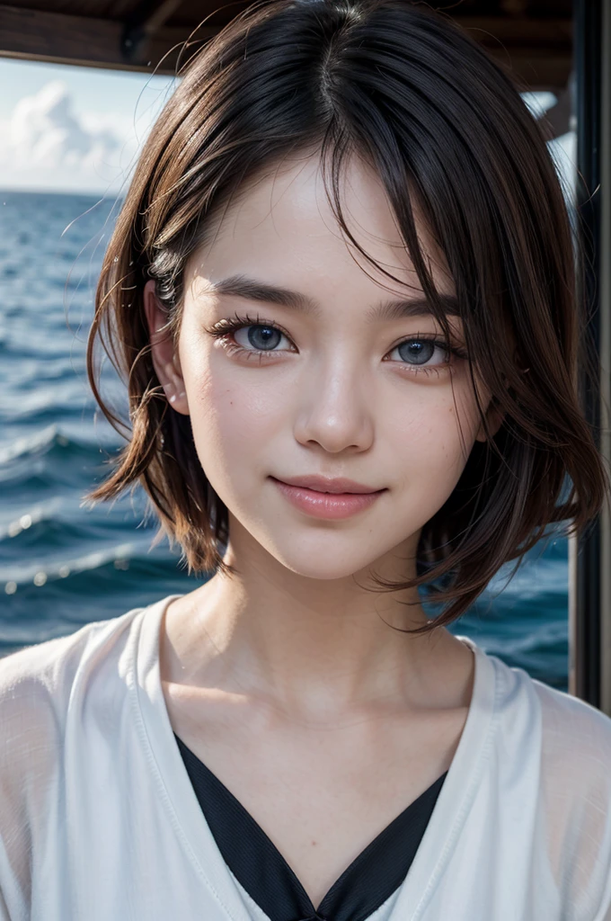 {{masterpiece, Best Quality, Extremely detailed CG, unity wallpaper 8k, cinematic lighting, }}, Sony α7, wide frame, South Pacific, during the war with the Asian powers, wind blowing on the Aegis ship, 1 girl, Whole body, smile, She is a sailor in the US Navy., Caucasian, 20 years, smile, by rubio, short bob, blue eyes , long eyelashes ,