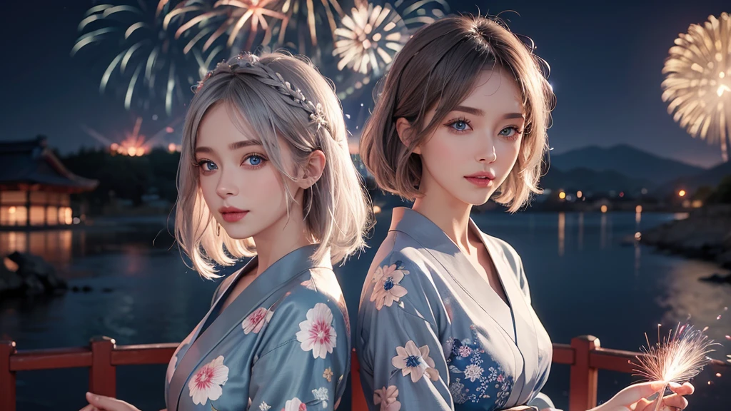8k,Beautiful woman,Gray Hair,Shortcuts,Perm,Blue Eyes,Summer Nights in Japan,firework,Elegant outfit