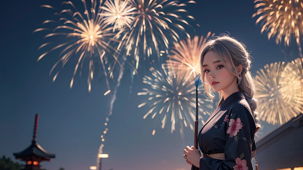 8k,Beautiful woman,Gray Hair,Shortcuts,Perm,Blue Eyes,Summer Nights in Japan,firework,Elegant outfit