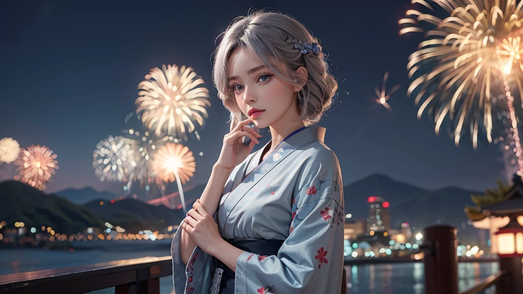 8k,Beautiful woman,Gray Hair,Shortcuts,Perm,Blue Eyes,Summer Nights in Japan,firework,Elegant outfit