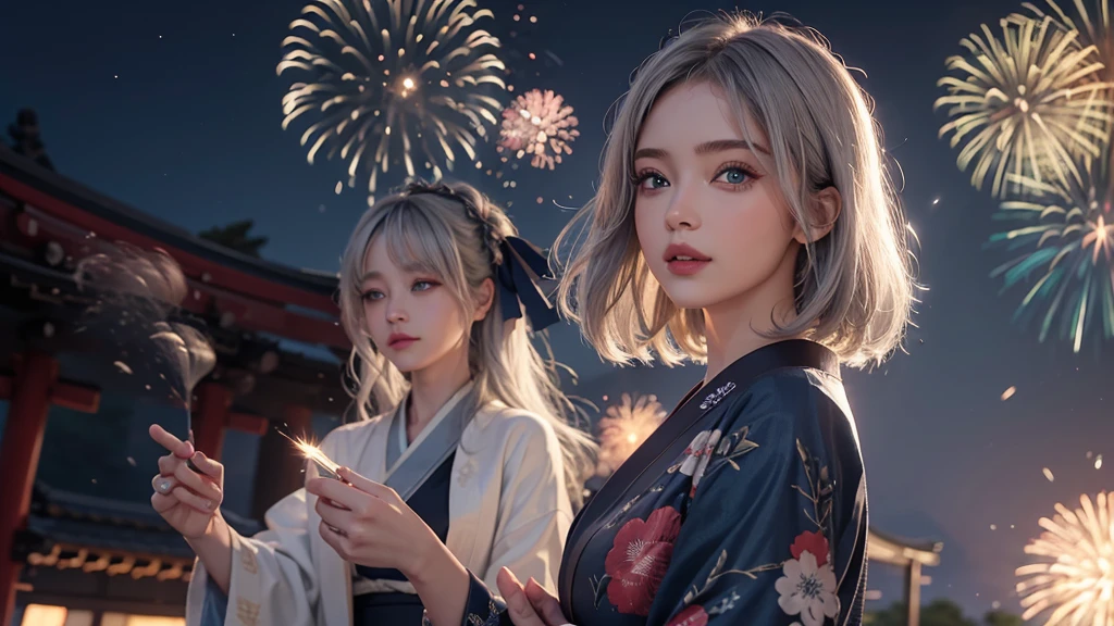 8k,Beautiful woman,Gray Hair,Shortcuts,Perm,Blue Eyes,Summer Nights in Japan,firework,Elegant outfit