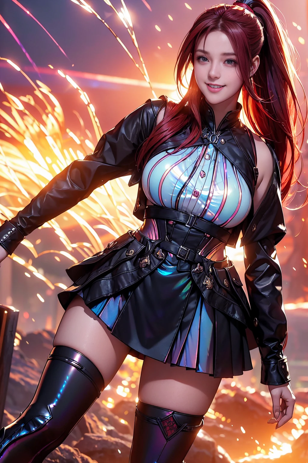 20 years old, long red hair, wears a ponytail, red eyes, always smiling. She dresses in an antique style, wearing a short brown skirt with black shorts underneath, ending above the knees. She wears knee-high brown boots. Her white blouse is sleeveless and features red details. She possesses fire powers and has a fire-themed background. 8k, high quality, full body, (ultra-realistic), {extremely detailed 8k CG unit wallpaper}, expansive landscape photograph, , (light: 2.0), (warm light source: 1.5), complex details, (iridescent colors: 1.5), (bright lighting), (atmospheric lighting), surreal, impressive, fantasy, (Solo: 1.2)