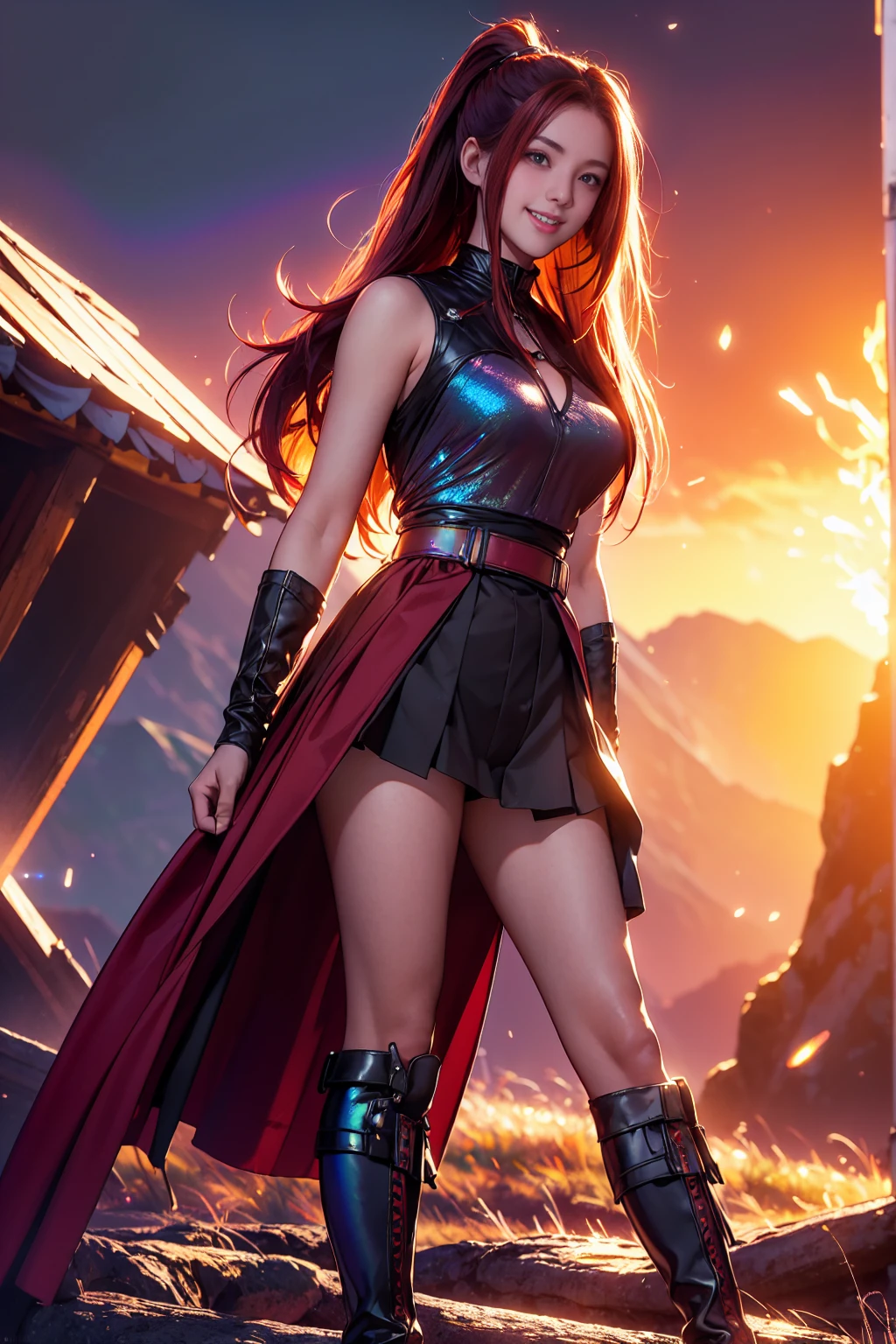 20 years old, long red hair, wears a ponytail, red eyes, always smiling. She dresses in an antique style, wearing a short brown skirt with black shorts underneath, ending above the knees. She wears knee-high brown boots. Her white blouse is sleeveless and features red details. She possesses fire powers and has a fire-themed background. 8k, high quality, full body, (ultra-realistic), {extremely detailed 8k CG unit wallpaper}, expansive landscape photograph, , (light: 2.0), (warm light source: 1.5), complex details, (iridescent colors: 1.5), (bright lighting), (atmospheric lighting), surreal, impressive, fantasy, (Solo: 1.2)