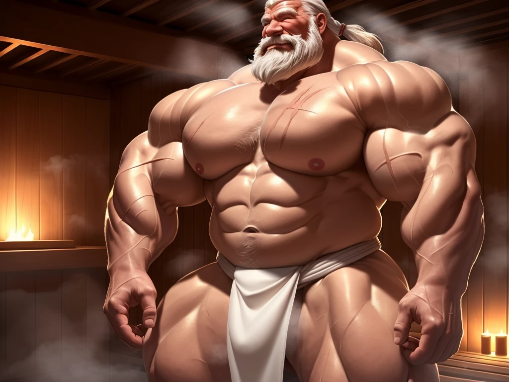 huge muscular old man soaking in an sauna, white and short hair, white beard, old, old man, grandpa, , huge scar on chest, , (huge muscular), steam, detailed muscles, 8k, masterpiece:1.2, hyperrealistic, white fundoshi:1.2, highly detailed full body, (( huge pec, hyper pec, bigger chest, extremely wide pectoral, hyper chest, really big muscle, massive muscular, sixpack, thick arms, wide pectoral, super huge muscle, huge shoulder, hyper muscular, floating steam, over sized muscle, huge arms, big arms, huge pectoral)), rich colors, landscape, soft ambient lighting, wrinkled skin, happy expression, peaceful relaxation