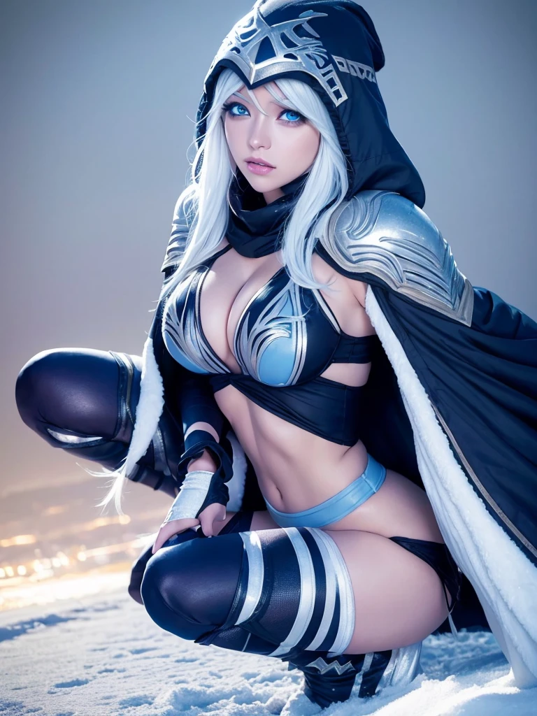 ashe \(league of legends\) 1girl  detached sleeves hooded cape thighhighs white hair long hair , bikini, underboob, medium breasts, snow, squatting, front view, blushing face, blue eyes, light blue eyes