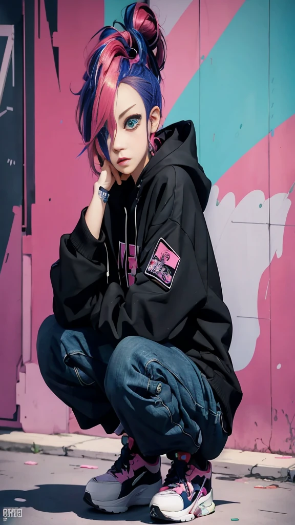 anime girl with pink hair crouching down on a skateboard, anime style 4 k, cyberpunk anime girl in hoodie, cyberpunk anime girl, digital cyberpunk anime art, modern anime style, urban girl fanart, high quality anime artstyle, female cyberpunk anime girl, 8 0 s anime vibe, style anime, anime style. 8k, artwork in the style of guweiz