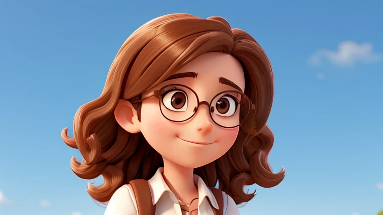 an adult woman, wavyhair, brownhair, wearing round glasses, com head to show, with the photo background completely white