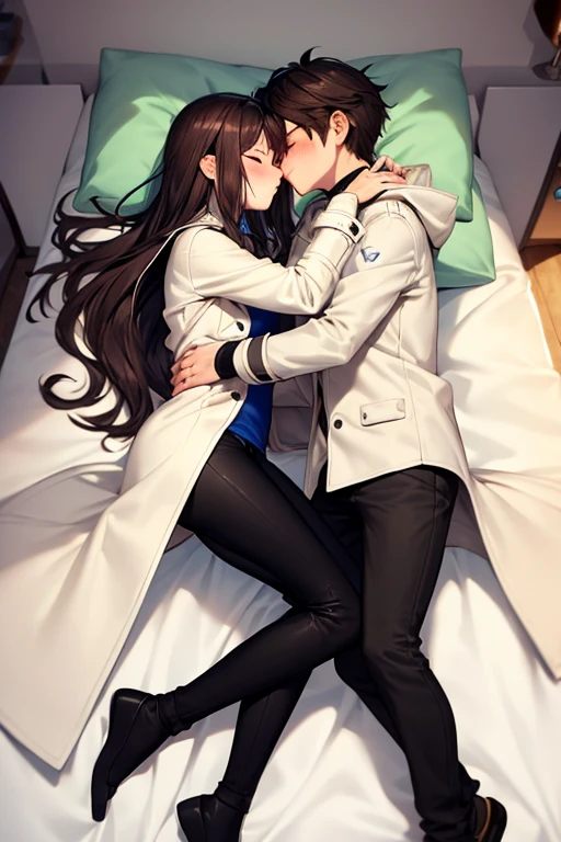 ((best quality)), ((masterpiece)), (detailed), a couple, a boy and a girl, 1 boy, full body, 19 years old, brown hair with white tips, somewhat long hair, bangs, green eyes, tall and thin, thin, long beige trench coat, open trench coat, black fingerless gloves, white wristbands, white t-shirt with blue I-shaped emblem, letter I, black pants, 1 girl, full body, 19 years old, young adult, somewhat short, purple eyes, brown hair, somewhat wavy hair, long hair, lock of hair on forehead, blushing, scientist's coat, blue shirt, black pants, lying in bed, facing each other, kissing, closed eyes, blushing, romantic moment, bedroom background, anime