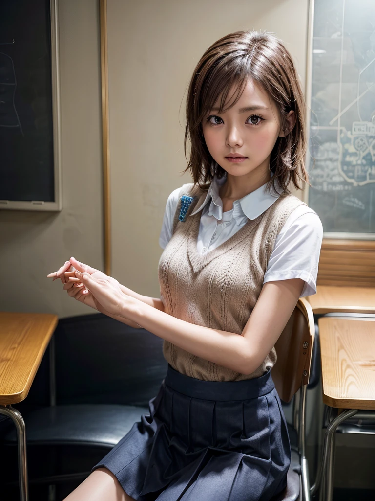 Masterpiece, Top Quality, Top Mikoto, brown eyes, short hair, small breasts, looking at viewer, alone, closed mouth, collared shirt, beige knit vest, dark blue  Skirt, school_uniform, shirt, white_shirt, classroom,Masterpiece, highest quality, 8K, detailed skin texture, fine cloth texture, beautiful detailed face, intricate details, super detailed,cute,cute posing,composition that shows the whole body,