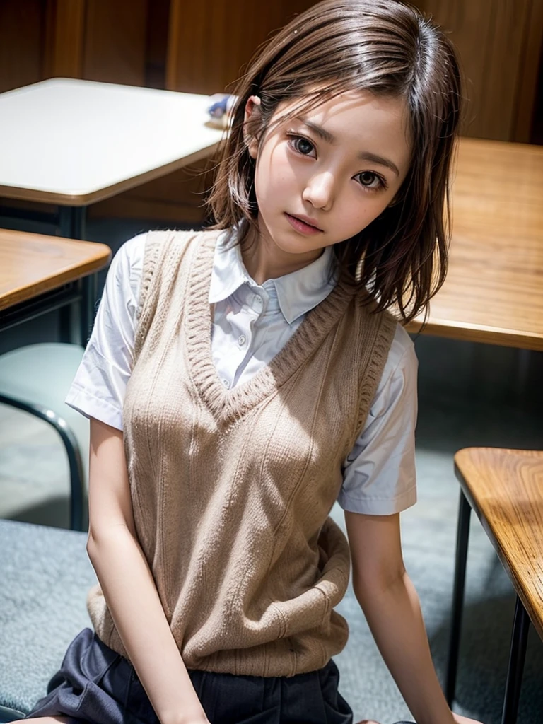 Masterpiece, Top Quality, Top Mikoto, brown eyes, short hair, small breasts, looking at viewer, alone, closed mouth, collared shirt, beige knit vest, dark blue Skirt, school_uniform, shirt, white_shirt, classroom,Masterpiece, highest quality, 8K, detailed skin texture, fine cloth texture, beautiful detailed face, intricate details, super detailed,cute,cute posing,composition that shows the whole body,