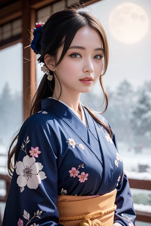 A beautiful woman, kimono that does not expose much of her skin.,(((In the moonlight of a blizzard, a woman looking good in a kimono with Japanese pattern,Floral scrunchie.))),Full-body photography from the ceiling,best image quality,professional angle of view,Exceptional detail,Super high resolution,realistic:1.4),high detail,focus on details,1girl concentrated in high concentration,long hair,delicate and beautiful face,The best smile with raised eyebrows and corners of the mouth,((glowing glass eyes)),

