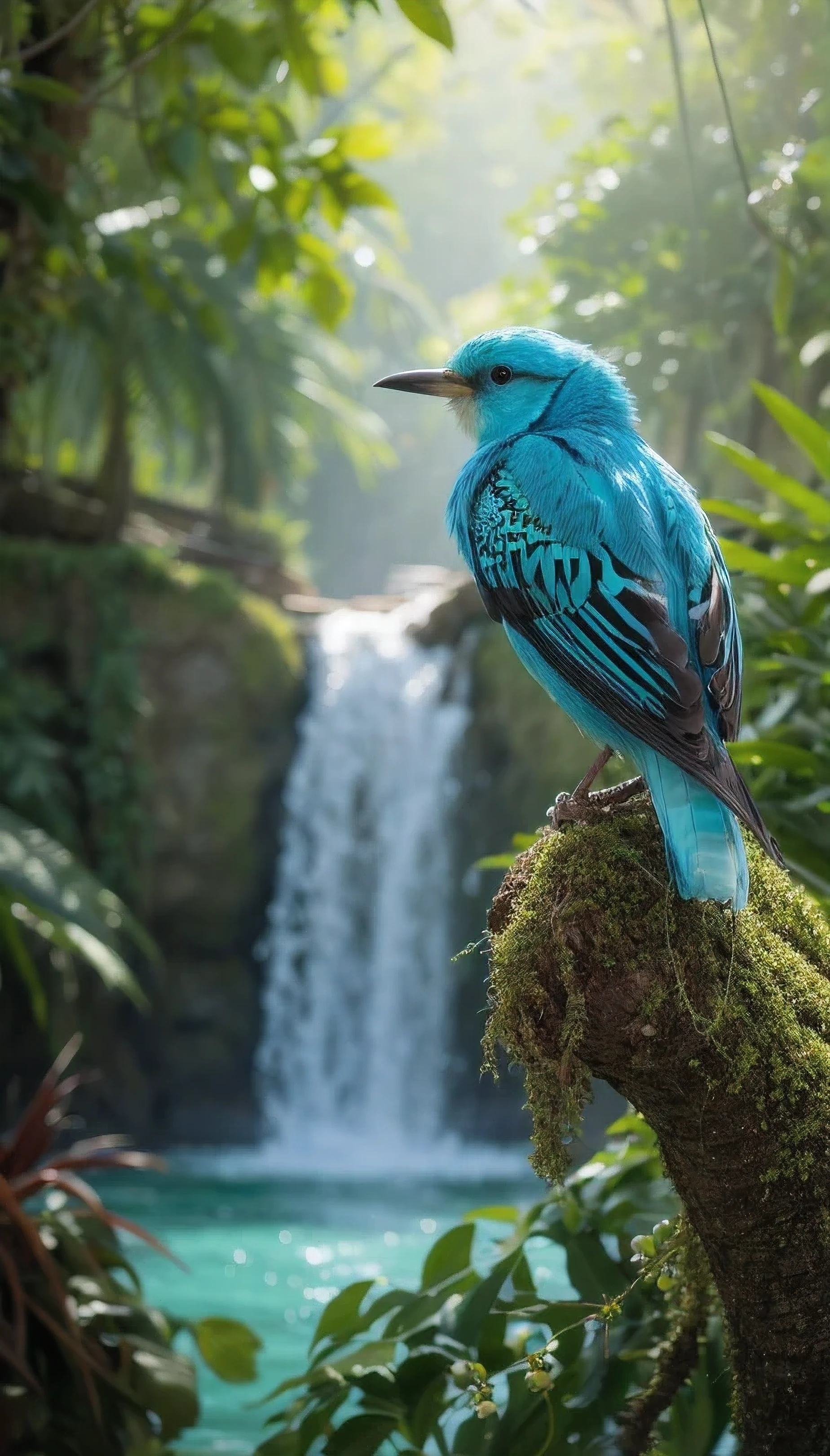 There is a **majestic** bird perched gracefully on a branch, a rare jewel of the jungle. Captured in stunning detail with an EOS Canon by Sudip Roy, this bird exudes a sense of otherworldly elegance and beauty. It sits with a **playful glint** in its eyes on a twisted branch, surrounded by the rich tapestry of the jungle, with a cascading waterfall as its backdrop.
The bird's feathers are a dazzling **cerulean blue**, with hints of **electric violet** that catch the light and reflect a kaleidoscope of colors. Its body is **sleek and muscular**, built for agility and speed, with a **graceful, elongated neck** and a **sharp, hooked beak** that is perfect for foraging. The plumage is adorned with delicate patterns of **burnished copper** and **emerald green** spots that seem to shift and change as the bird moves. Its eyes are a striking **crimson red**, set against the soft, **pearly white** of its face, conveying a sense of intelligence and curiosity.
The bird's chest is a **rich, golden hue**, broad and powerful, and its **tail feathers fan out in a magnificent display** of **vivid turquoise** and **deep indigo**. Atop its head sits a **regal crest** of feathers, forming a crown-like appearance that commands attention. The fine details, from the **intricate patterns** on its wings to the **subtle iridescence** of its feathers, create an ultra-realistic portrayal of this exotic and enchanting creature.