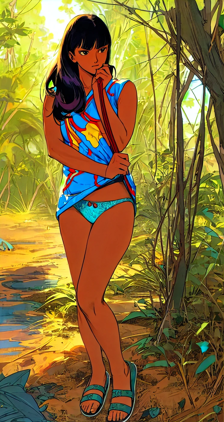 large breasts, slender, (dark skin:1.05), <lora:curls_hairstyle-10:0.35> curly hair, formal wear, upset, armpits, oiled, beautiful scenery, stream, prowling towards viewer, looking at viewer,  <lora:Winton_Kidd_Style:0.85> winton kidd, silent comic, blush