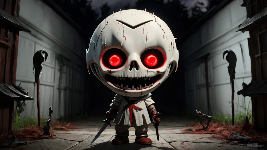 Horror Art, Best Quality, Masterpiece, Ultra High Resolution, (Photorealism: 1.4),cute moomins holding reaper sickle the Magical Sword，thunder and lighting，Dynamic Running,Horror, 80mm, Horror lights, action