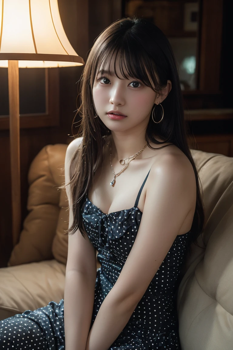(Highest quality:1.4),(masterpiece:1.4),(Realistic:1.4),(Realistic:1.2),(超High resolution, RAW Photos:1.4),(High resolution, Ultra-detailed:1.2),(8k:1.2),View your viewers,Cinematic photography,One girl,skeletally correct,Black-haired woman,Woman in her early 20s,(Small earrings,necklace,Polka dot tube top dress),(Western-style building interior,Dimly lit room,The lamplight shines on my cheeks,Sit on the sofa)