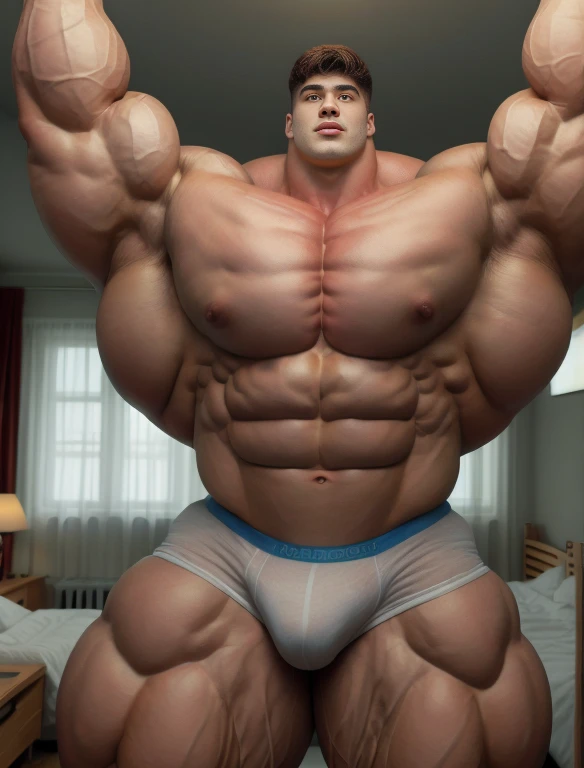 1boy, giant bodybuilder, stand, illuminating light, strong body, bulk, large size, staring, standing, armpit, in the dorm room, , white triangular underwear, prominent bulge, extraordinary big, brutalmass, giant, muscular body, bulk, buff, massive body, large meaty body size, extremely wide body