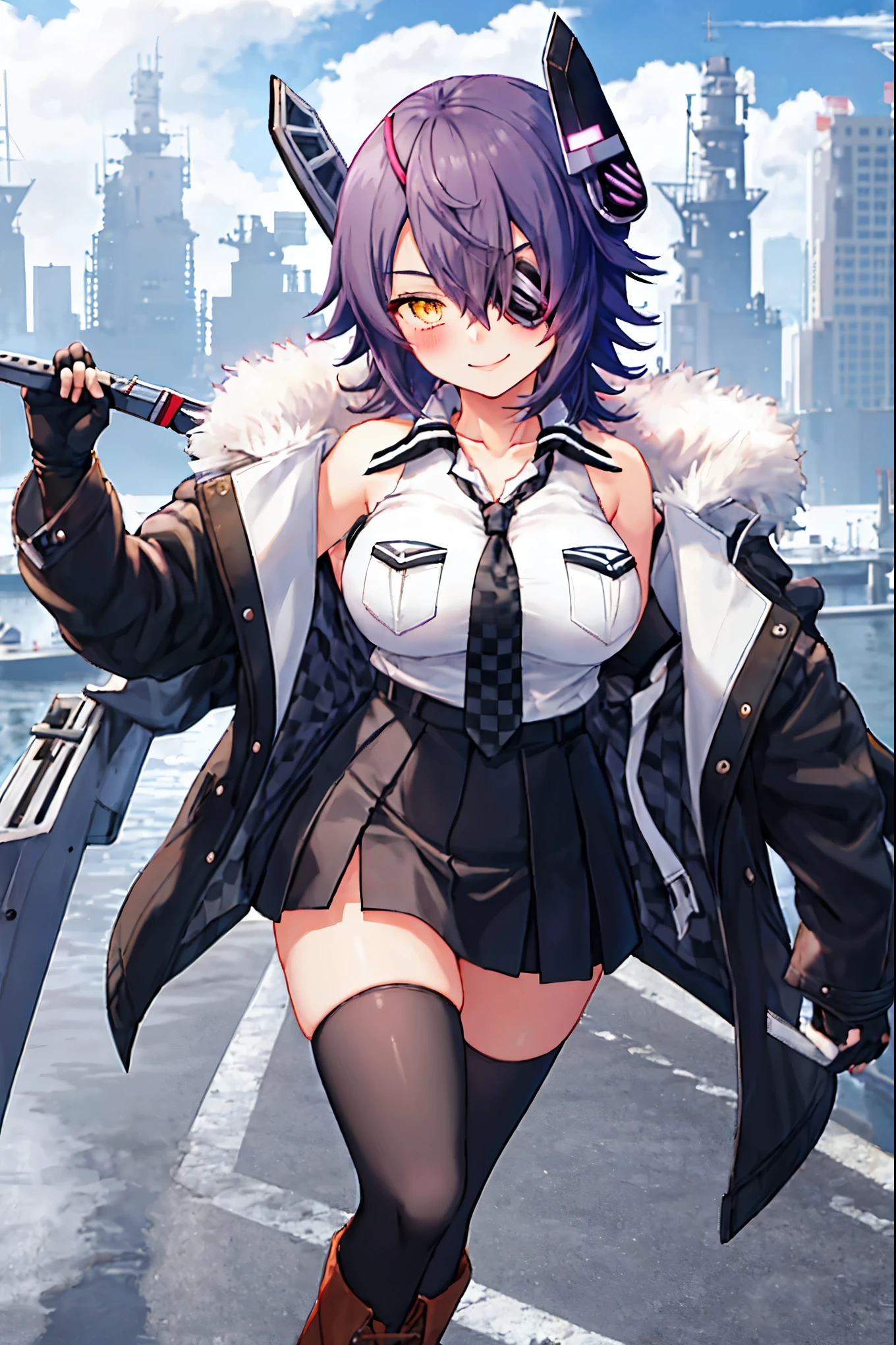best quality, masterpiece, solo, {tenryuu_kantaicollection:1.15}, _girl, eyepatch, short_hair, purple_hair, yellow_eyes, headgear, breasts, necktie, large_breasts, smile, 1girl, blush, checkered_necktie, hair_over_one_eye, shirt, collared_shirt, white_shirt, jacket, sleeveless, brown_eyes, fur-trimmed_jacket, fur_trim, collarbone, looking_at_viewer, pocket, breast_pocket, ,, messy_hair, black_gloves, gloves, partially_fingerless_gloves,harbor_road_landscape_background,outdoor,short_skirt,thigh-highs,boots,sunlight,from_below